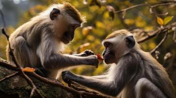 ai généré une couple de singes séance sur Haut de une arbre. génératif ai photo