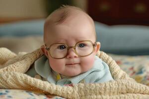 ai généré adorable bébé portant des lunettes couleur. produire ai photo