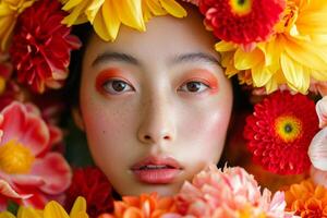 ai généré asiatique femme fleurs. produire ai photo