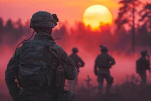 ai généré armée pendant le coucher du soleil. produire ai photo