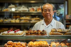 ai généré asiatique propriétaire dans Pâtisserie magasin. produire ai photo