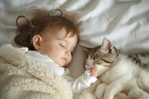 ai généré adorable bébé fille sommeil avec chat animal de compagnie. produire ai photo