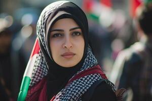 ai généré franc arabe femme protester. produire ai photo