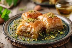 ai généré Baklava arabe dessert pistache. produire ai photo