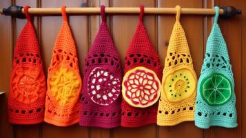 ai généré crocheté cuisine les serviettes dans vibrant motifs. génératif ai photo