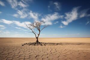 ai généré une seul arbre permanent grand dans une Dénudé paysage, représentant endurance et survie. génératif ai photo