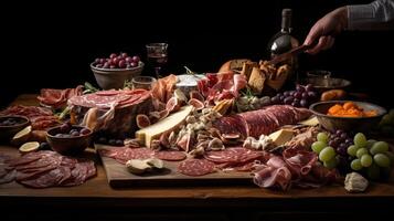 ai généré une la personne soigneusement organiser une charcuterie plat. génératif ai photo