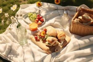 ai généré printemps pique-nique avec une couverture, sandwichs, et Frais des fruits. génératif ai photo