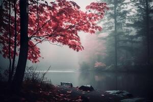 ai généré une rêveur coup de brouillard enveloppant une tranquille forêt. génératif ai photo