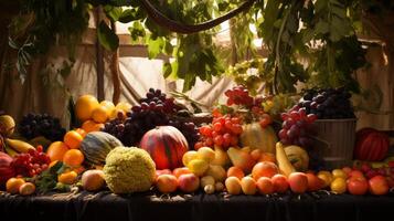 ai généré des fruits et des légumes affiché sur une table à l'intérieur une soucca. génératif ai photo