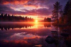 ai généré une radiant lever du soleil plus de une tranquille lac. génératif ai photo