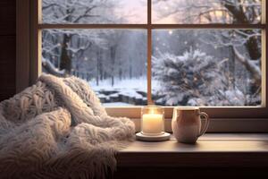 ai généré confortable hiver scène maquette avec une couverture, une tasse de cacao, et glacial fenêtre éclairage. génératif ai photo