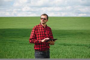portrait de agriculteur permanent dans Jeune blé champ en portant tablette dans le sien mains et examiner culture. photo