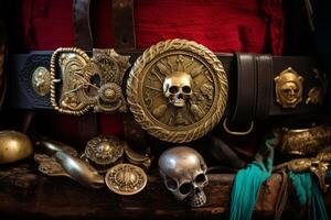 ai généré une proche en haut de une pirate ceinture orné avec une collection de unique et intrigant babioles de leur voyages. génératif ai photo