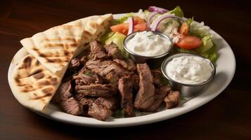 ai généré graisseux et l'eau à la bouche du boeuf gyro plat. génératif ai photo