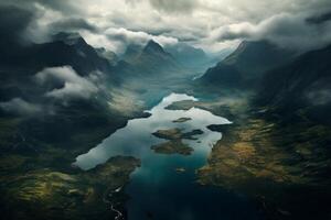 ai généré aérien vue de une serein Lac reflétant le alentours montagnes. génératif ai photo