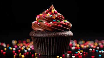 ai généré classique Chocolat petit gâteau orné avec coloré arrose. génératif ai photo