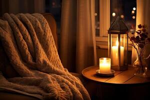 ai généré aux chandelles création une confortable coin dans une chambre. génératif ai photo