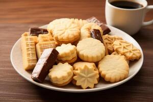 ai généré une assiette de de beurre sables biscuits dans divers formes. génératif ai photo