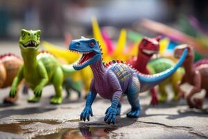 ai généré une espiègle composition de une jouet dinosaure de premier plan une parade de miniature Plastique animaux. génératif ai photo