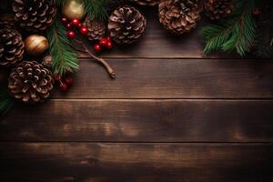 ai généré rustique Noël flatlay avec pommes de pin, baies, et en bois décorations. génératif ai photo