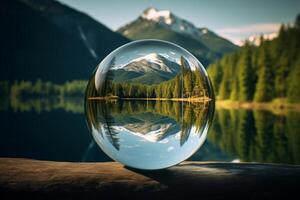 ai généré un décalé vue de une réflexion dans une bulle, déformant le alentours paysage. génératif ai photo