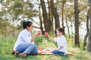 content Jeune mère est en jouant avec sa bébé dans une parc sur une vert pelouse. bonheur et harmonie de famille vie. génial famille vacances. bien fin de semaine. les mères journée. vacances. le concept de une content famille photo