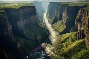 ai généré aérien la perspective de une scénique rivière gorge avec imposant falaises sur Soit côté. génératif ai photo