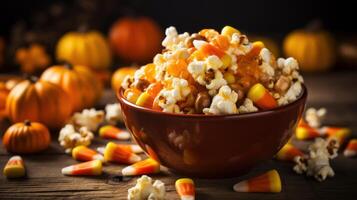 ai généré fermer de une bol de pop corn avec bonbons blé mixte dans. génératif ai photo