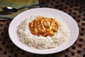 du boeuf poulet Stroganoff riz servi dans plat isolé sur table côté vue de milieu est nourriture photo