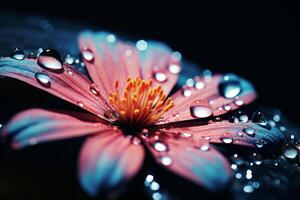 ai généré une proche en haut de une Célibataire goutte de pluie sur une fleur pétale, symbolisant la vie persistance. génératif ai photo