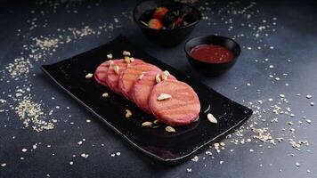 rouge velours protéine crêpe avec fraise et baie servi dans plat isolé sur table Haut vue de arabe nourriture photo