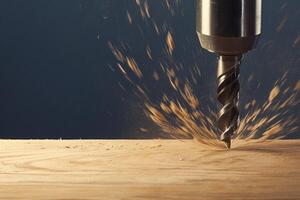 ai généré travail du bois scène métal percer bit fabrication des trous dans en bois surface photo