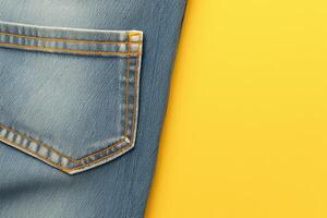 ai généré mode détail retour les poches de bleu jeans sur Jaune Contexte photo