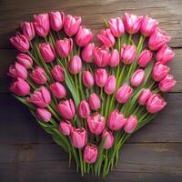 ai généré Mars 8 fête cœur fabriqué de rose tulipes sur rustique table pour social médias Publier Taille photo