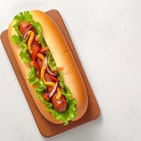 ai généré sarriette Hot-dog avec salade présenté sur en bois Coupe planche pour social médias Publier Taille photo