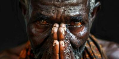 ai généré prier à Dieu avec mains ensemble Caraïbes homme prier avec noir Contexte Stock photo