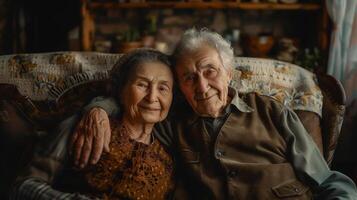 ai généré Sénior caucasien femme et homme retraité mari et épouse séance sur le canapé à Accueil - vieux âge gens marié couple retraite et unité concept sélectif concentrer sur femelle photo