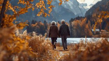 ai généré arrière vue de couple tandis que randonnée photo