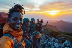 ai généré randonnée groupe à lever du soleil sur une Montagne photo