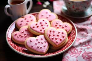 ai généré une assiette de en forme de coeur biscuits pour la Saint-Valentin journée. génératif ai photo