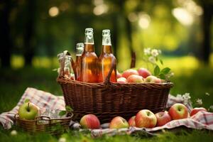 ai généré panier de pommes et Cidre à une pique-nique placer. génératif ai photo