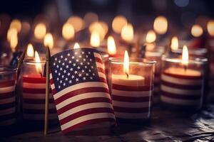ai généré un américain drapeau doucement drapé plus de une rangée de Mémorial bougies avec une chaud lueur sur patriote journée. génératif ai photo