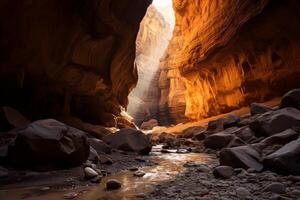 ai généré une photographier mettant en valeur le enchanteur jouer de lumière et ombre dans une canyon. génératif ai photo