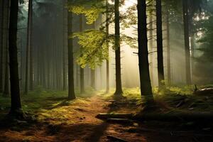 ai généré un biologique image de une forêt avec filtré lumière du soleil, mise en évidence le importance de durable sylviculture. génératif ai photo