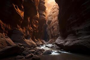 ai généré une photographier mettant en valeur le enchanteur jouer de lumière et ombre dans une canyon. génératif ai photo