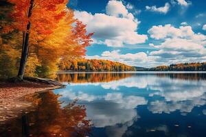 ai généré une paisible vue de une calme Lac mise en miroir le Stupéfiant couleurs de le des arbres le long de ses rive, création une serein tomber panorama. génératif ai photo