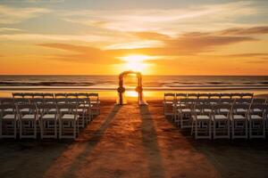 ai généré plage chaises arrangé pour une lever du soleil cérémonie. génératif ai photo