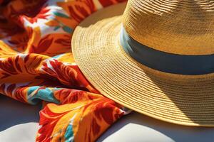 ai généré une fermer de une chapeau de soleil et plage serviette dans le Soleil. génératif ai photo