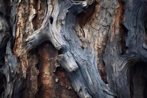 ai généré une proche en haut de une patiné et cicatrisé arbre tronc, représentant force par essais. génératif ai photo